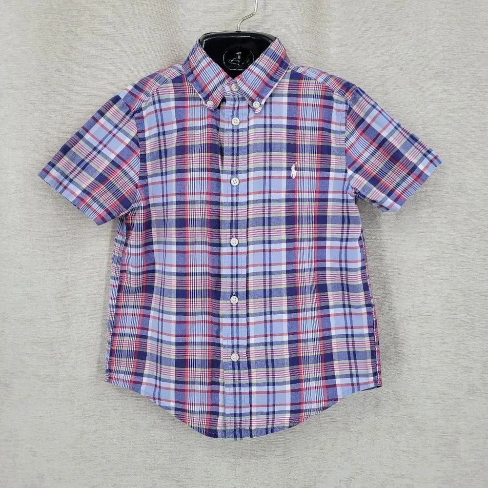Ralph Lauren Boys Short Sleeve Plaid Button Down Shirt Light Blue Navy Red
